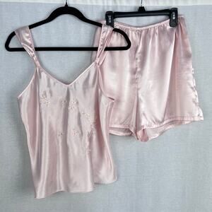 Vintage 90s Pajama Set Pink Satin Embroidered Floral Coquette Fairy Delicate